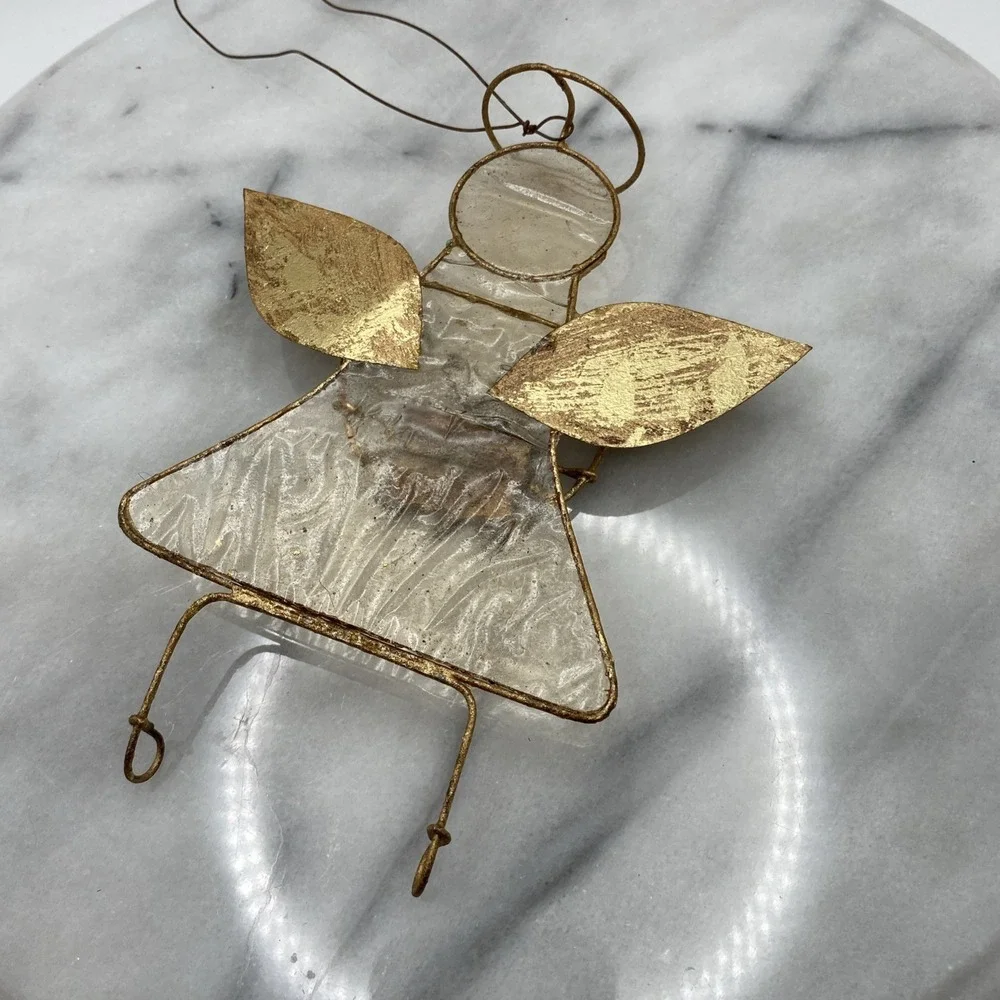 Vintage Gold Guardian Angel Christmas  Ornament Sun Catcher Glass Metal Heaven